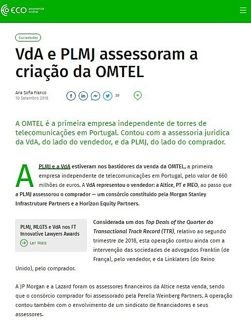 VdA e PLMJ assessoram a criao da OMTEL